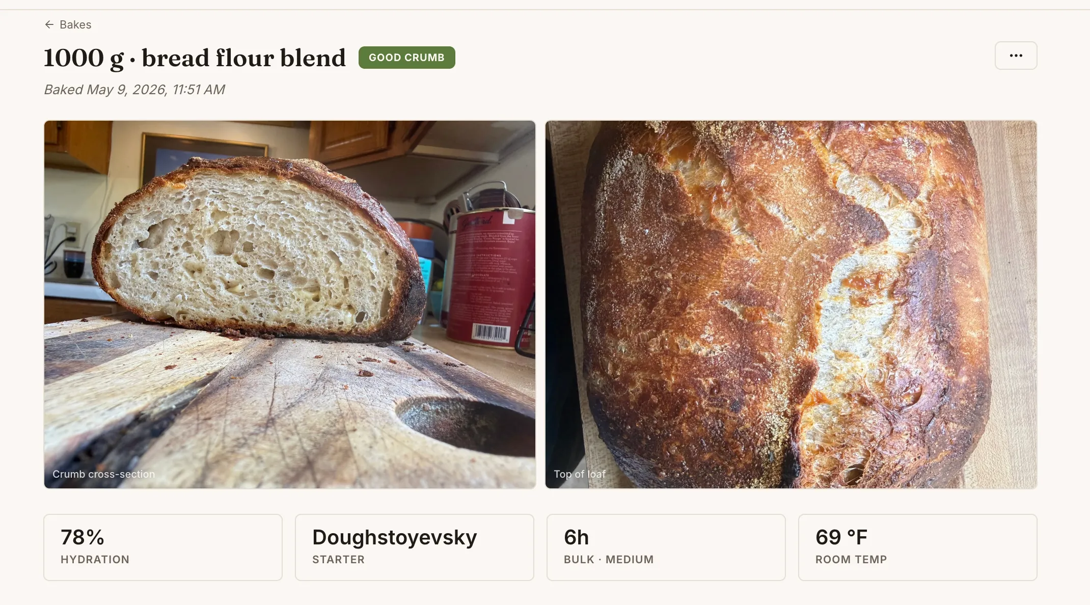 A single bake record: crumb photographs beside the hydration, temperature and timing logged for that loaf.