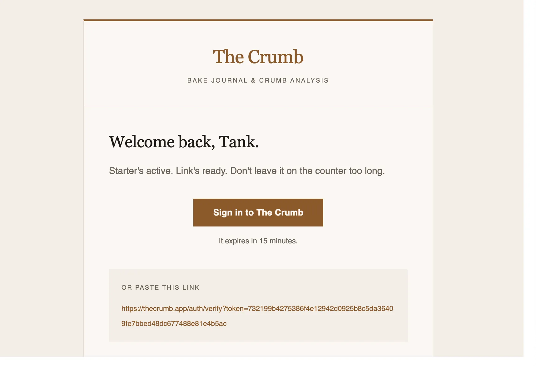 The transactional sign-in email, typeset to match the product.