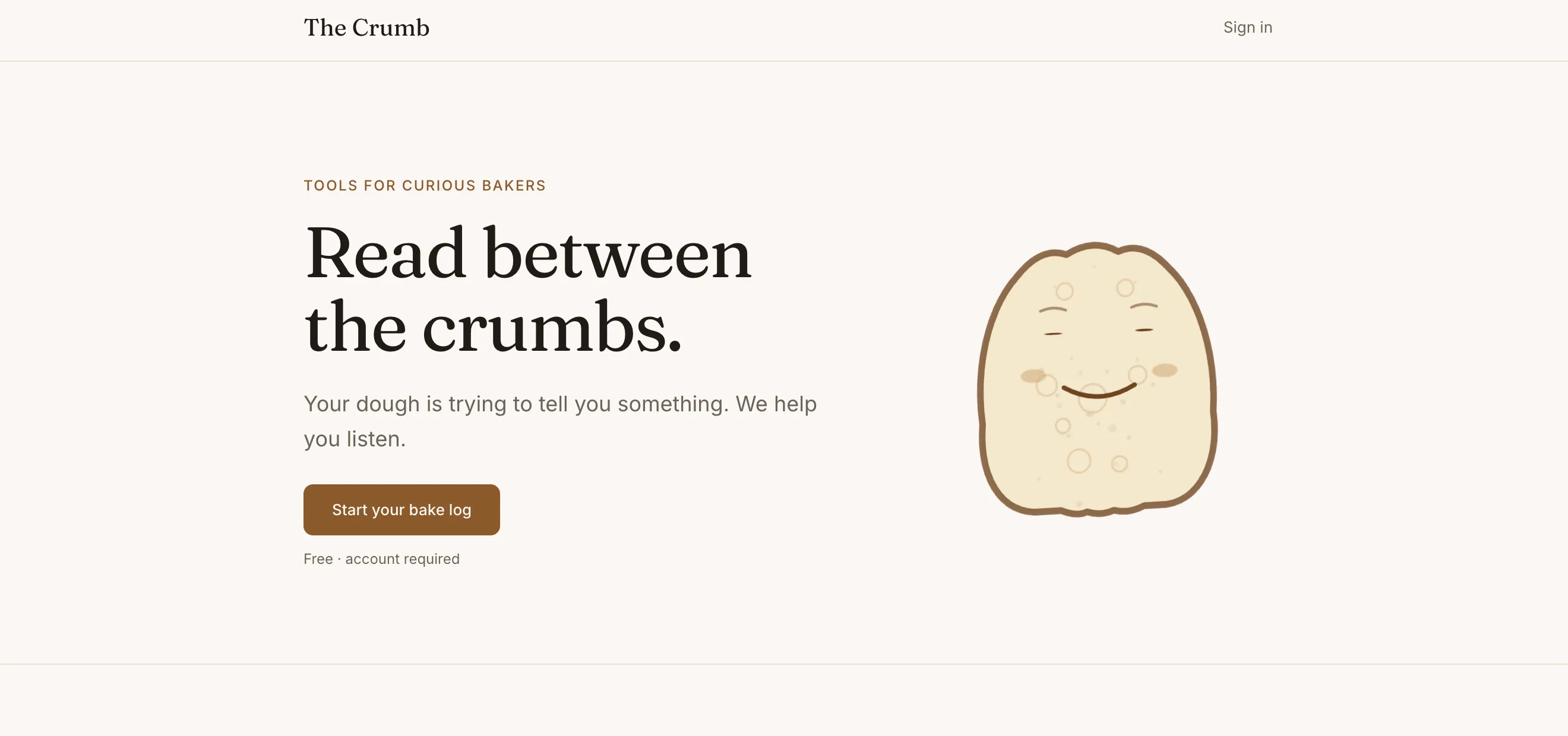 The Crumb's landing page: the headline "Read between the crumbs" beside an illustrated loaf.
