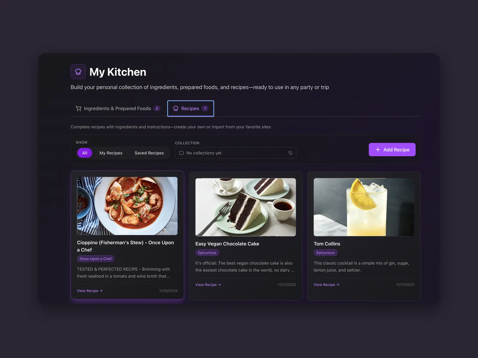 MealTrip's My Kitchen screen: a personal recipe library shown as cards with food photography.