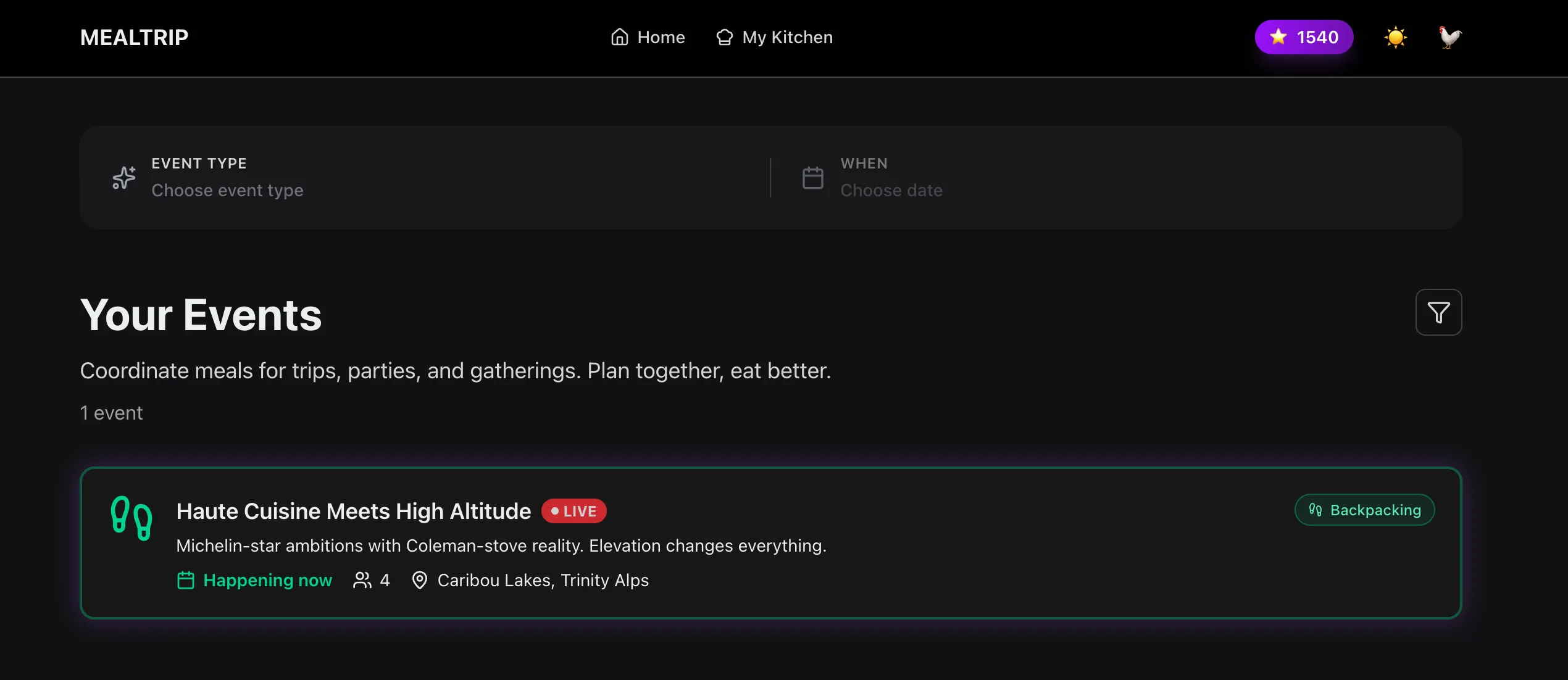 Your Events list showing a live backpacking trip