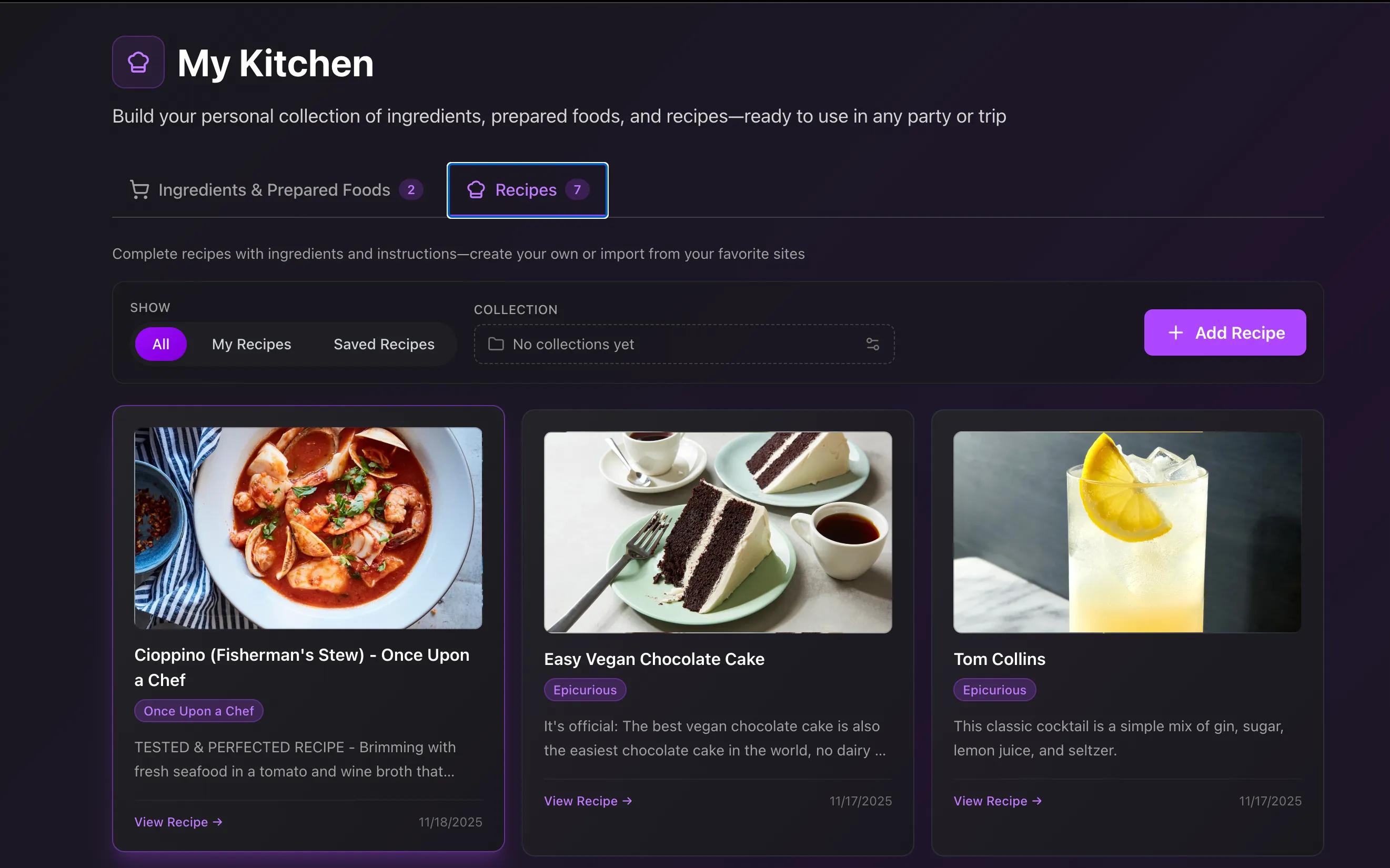 My Kitchen recipe library with imported recipes