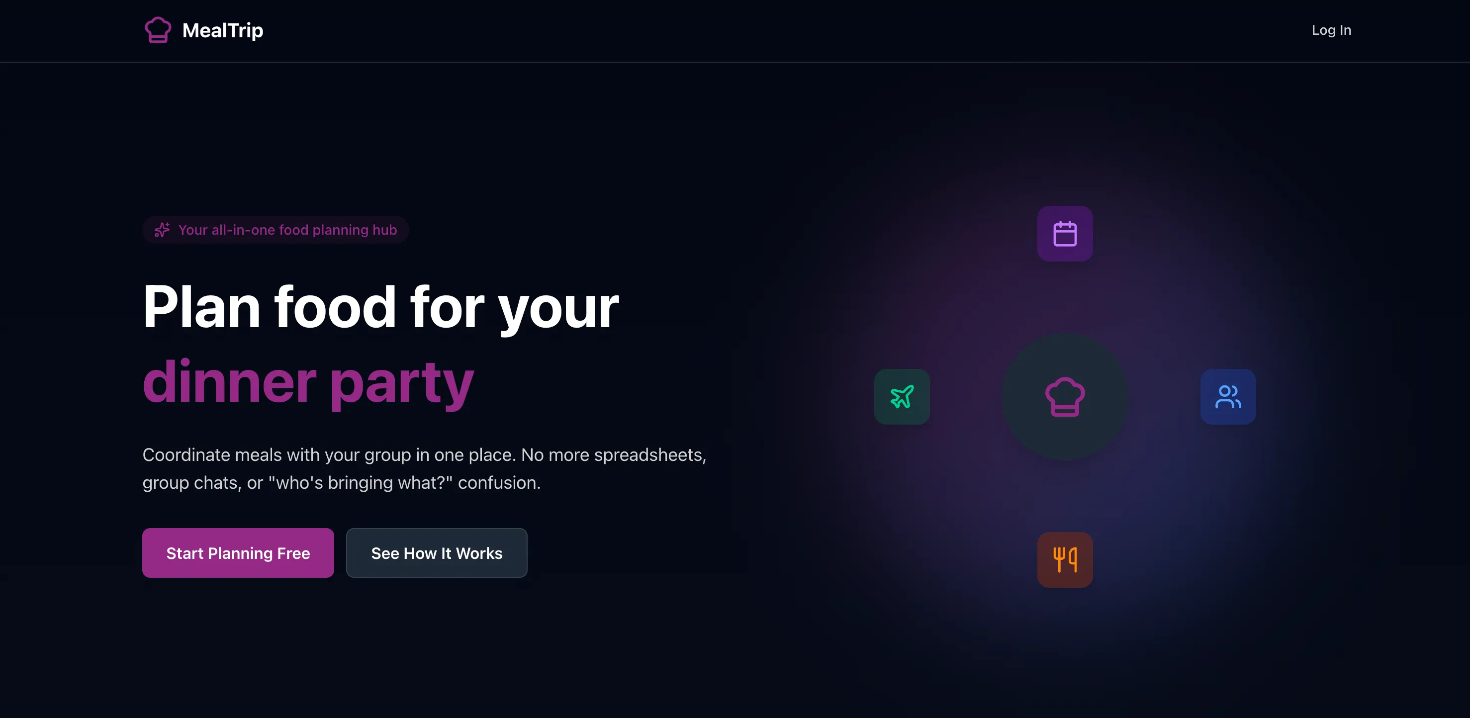 MealTrip landing page — Plan food for your dinner party