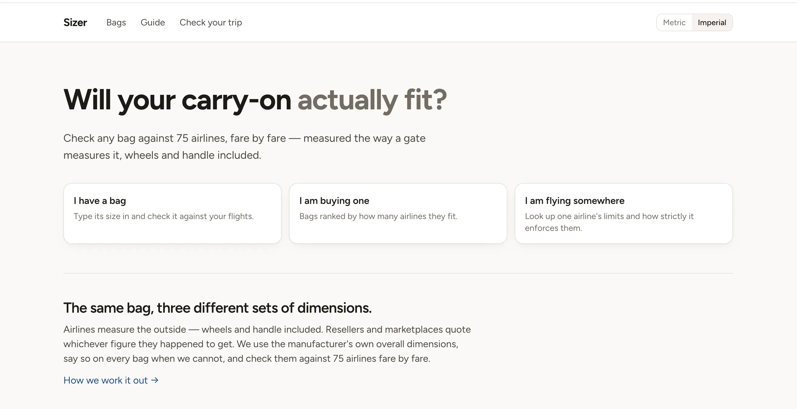Sizer's landing page: the headline "Will your carry-on actually fit?" above three entry points — I have a bag, I am buying one, I am flying somewhere.