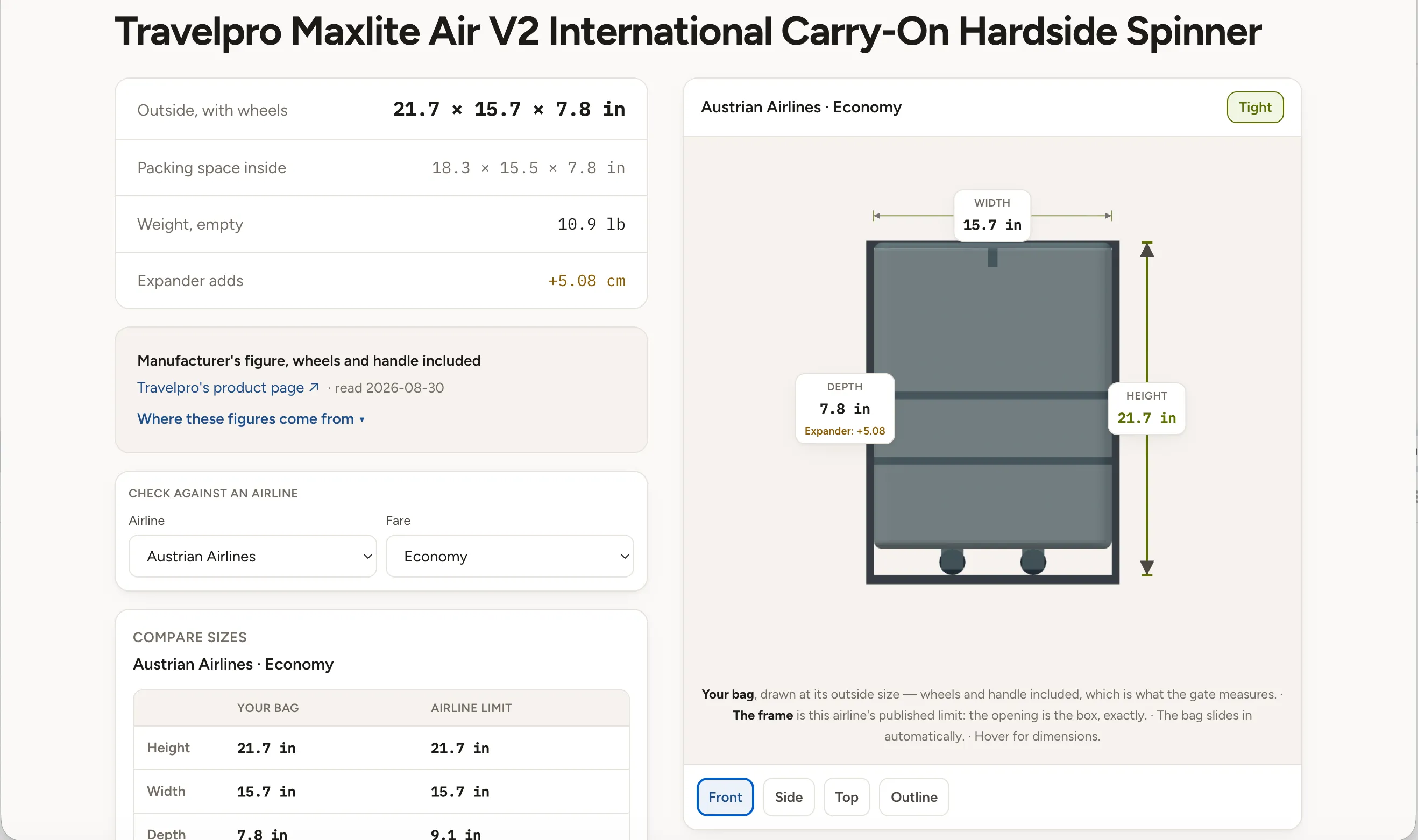 A Travelpro spinner checked against Austrian Airlines: outside and packing dimensions on the left, and the bag drawn inside the airline's published limit with width, height and depth called out.