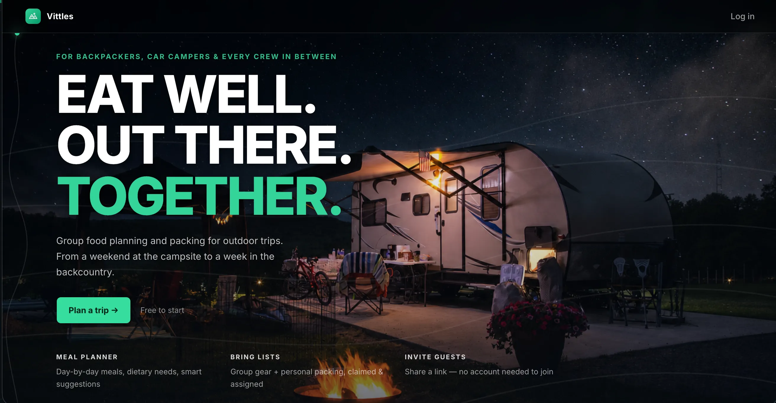 The Vittles landing page over a night campsite photograph, headed "Eat well. Out there. Together."