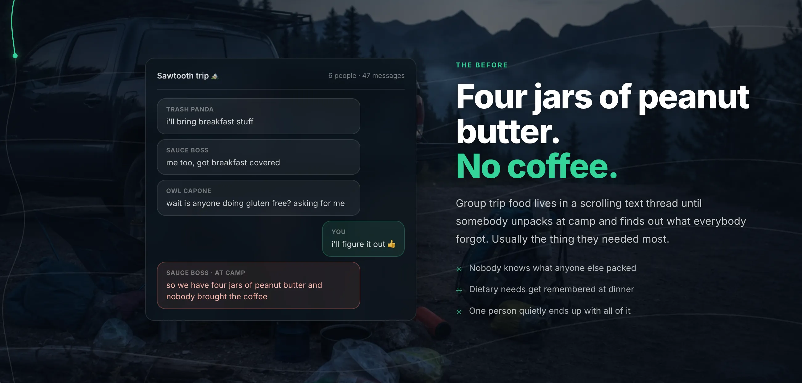 A mocked group message thread where three people all claim breakfast and nobody brings coffee, beside the headline "Four jars of peanut butter. No coffee."