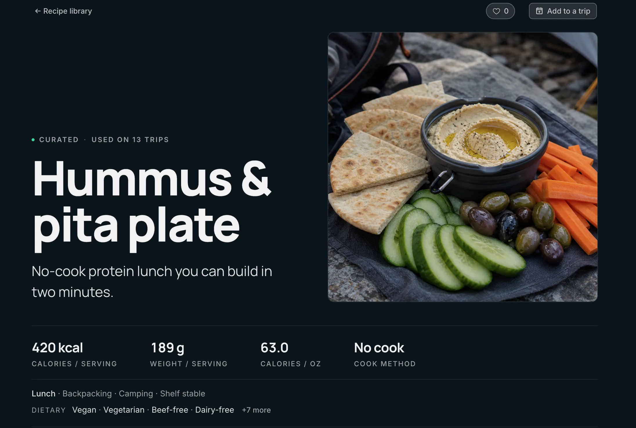A recipe page showing ingredients and, alongside the usual calories per serving, calories per ounce for pack weight.