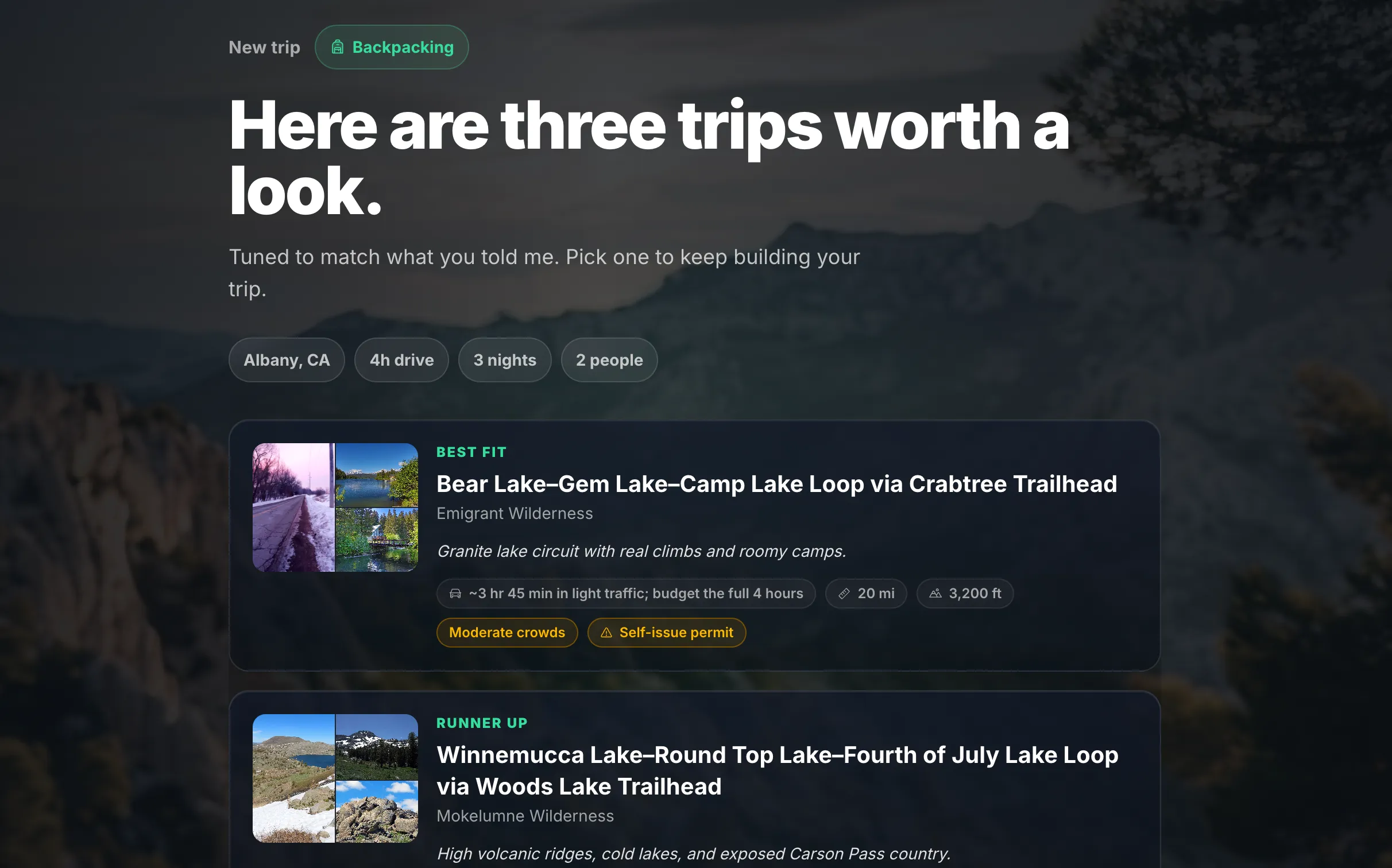 Three suggested backpacking routes, each with drive time, mileage, elevation gain, crowd level and permit requirements.